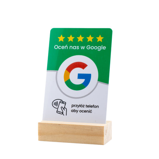 Karta NFC opinie Google - kod QR, dwustronna, google stojak pochylony