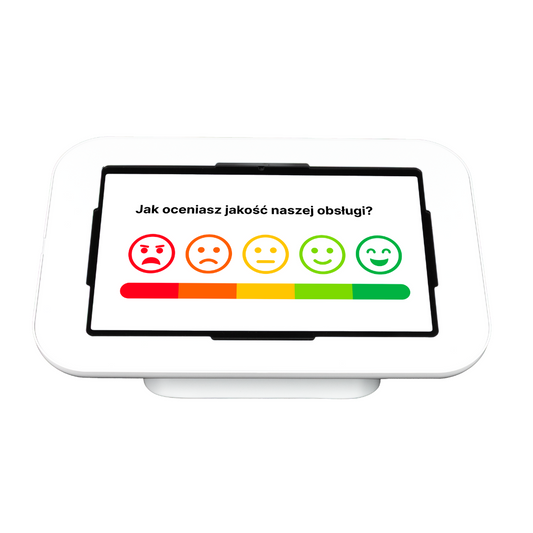Biała obudowa kiosku do montażu tabletu – idealna do pozyskiwania opinii Google od klientów na miejscu