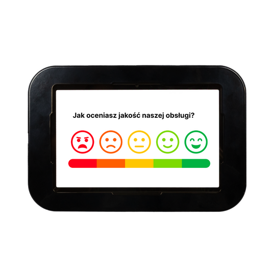 Czarna obudowa kiosku do zbierania opinii Google – miejsce na tablet i okablowanie. Idealna do punktów usługowych i sklepów