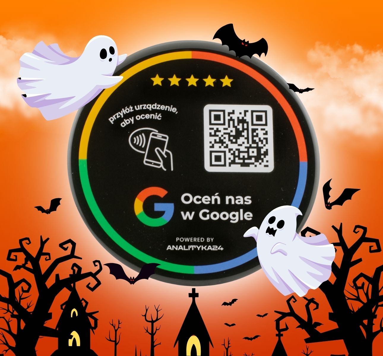 Okrągła naklejka z pięcioma gwiazdkami i QR/NFC kieruje prosto do ocen Google.