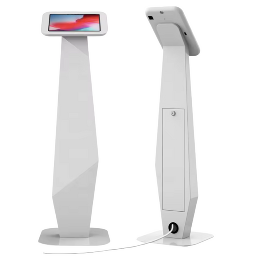Biała obudowa kiosku bez ekranu – przeznaczona do zbierania opinii Google za pomocą tabletu. Do użytku w handlu i usługach.