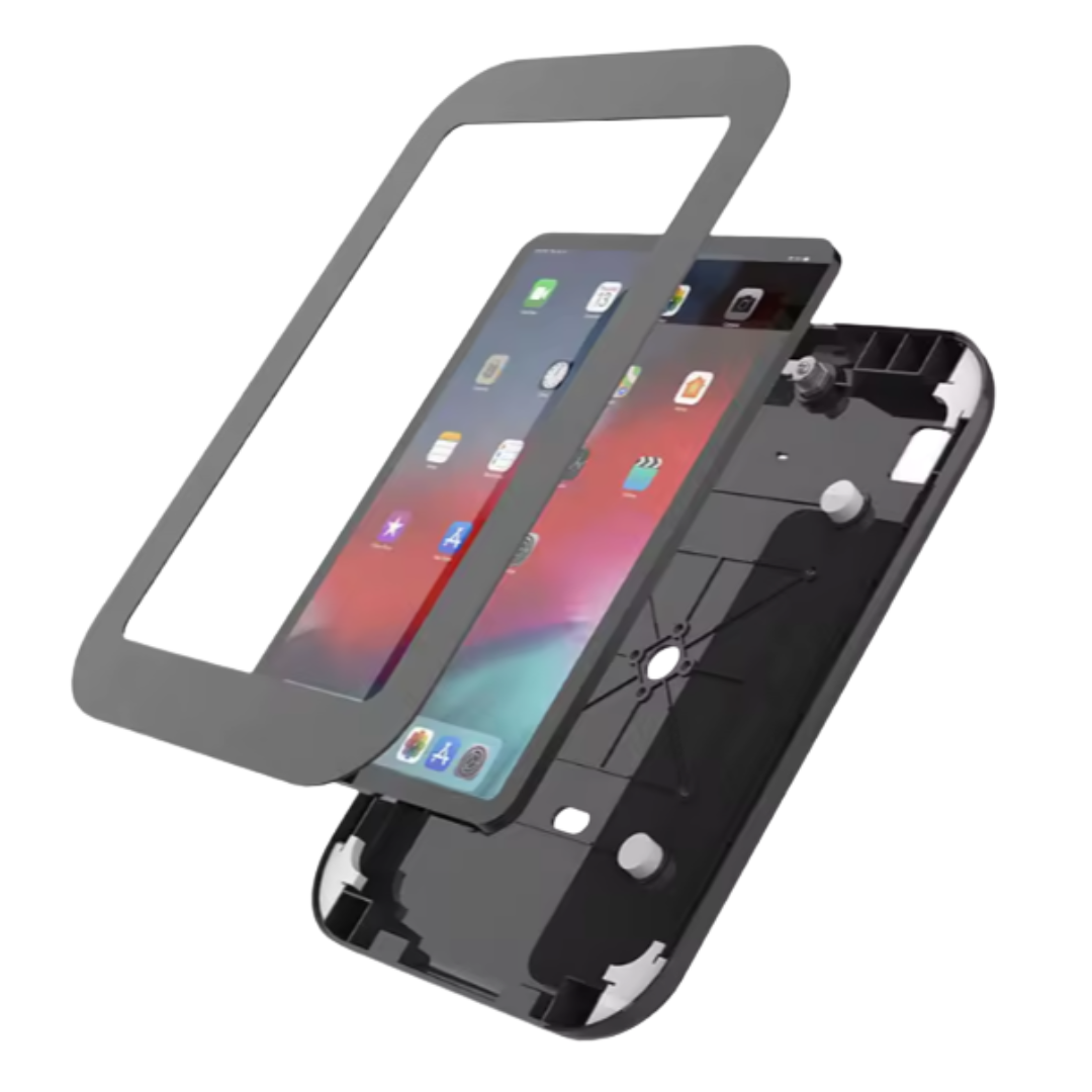 Czarna obudowa do kiosku multimedialnego – stworzona z myślą o zbieraniu opinii Google w przestrzeniach sprzedażowych