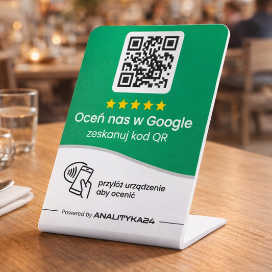 Prezenter NFC z kdem QR na stoliku