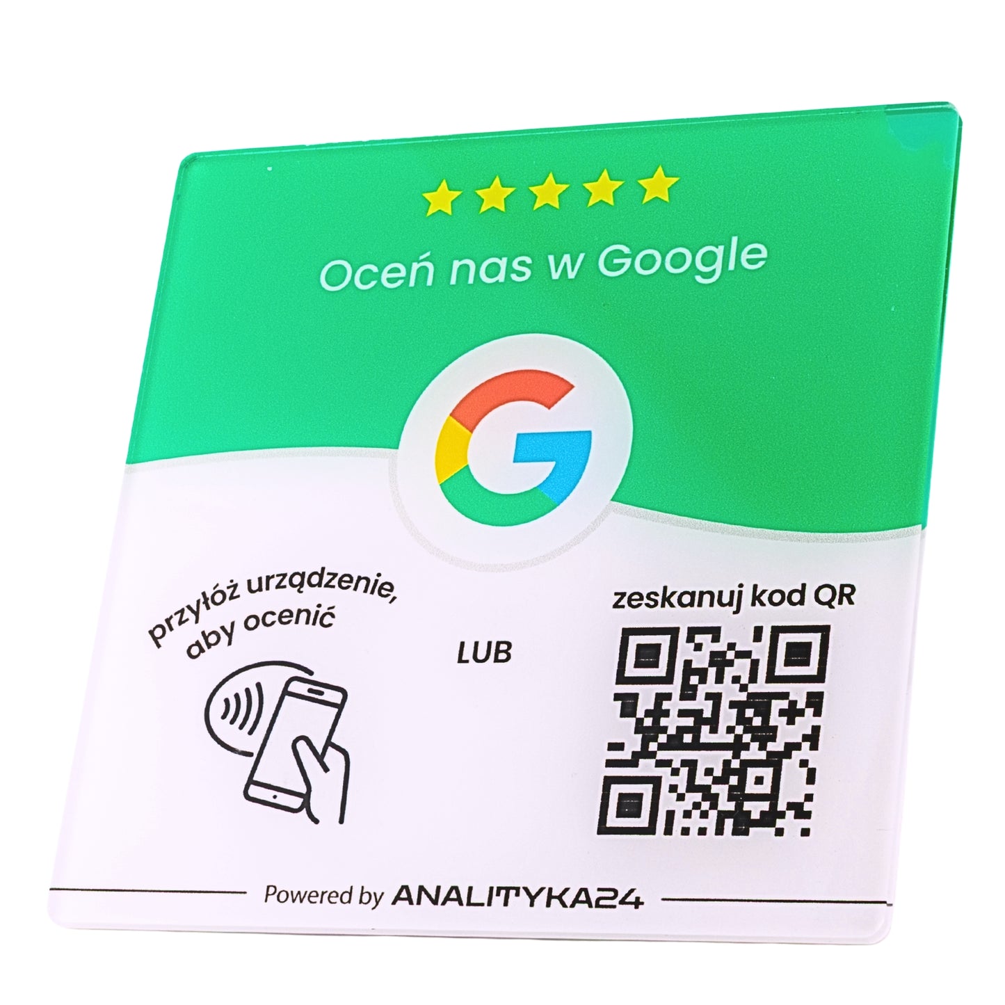 Trwała akrylowa tabliczka z kodem QR i technologią NFC umożliwiająca szybkie wystawienie recenzji Google na smartfonie.