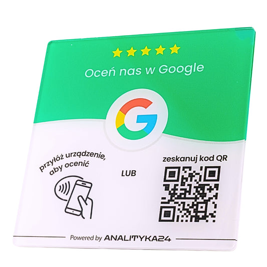 Trwała akrylowa tabliczka z kodem QR i technologią NFC umożliwiająca szybkie wystawienie recenzji Google na smartfonie.