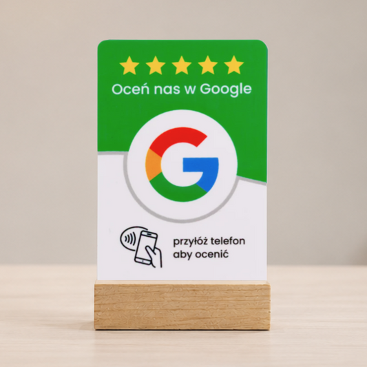 Stojak NFC pionowy – plastikowa karta do opinii Google, kod QR, prezenter