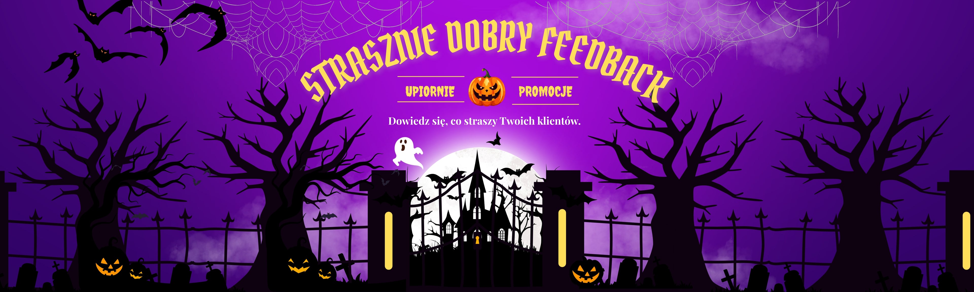 Baner promocyjny w stylu Halloween z dyniami i nietoperzami, z napisem „Upiornie dobry feedback” – kampania o zbieraniu opinii google.