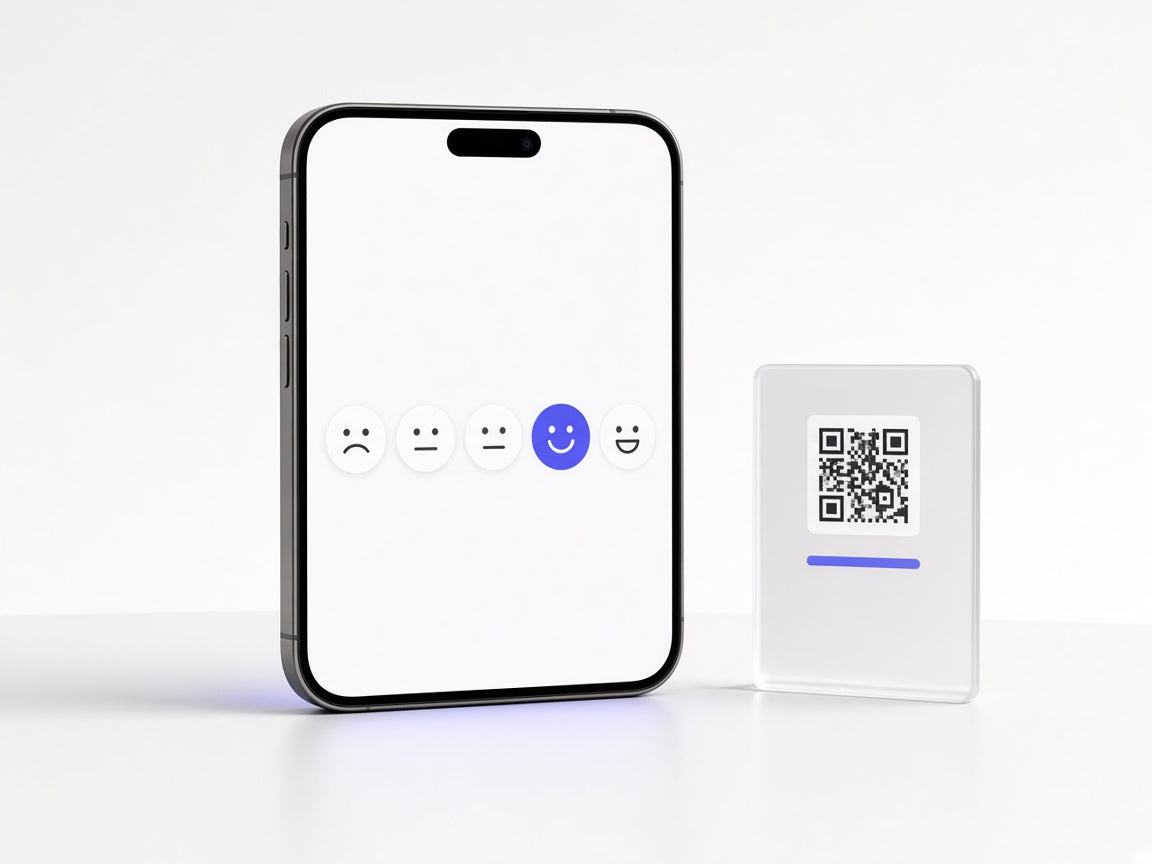 Telefon z oceną wizyty i tabliczka NFC z kodem QR