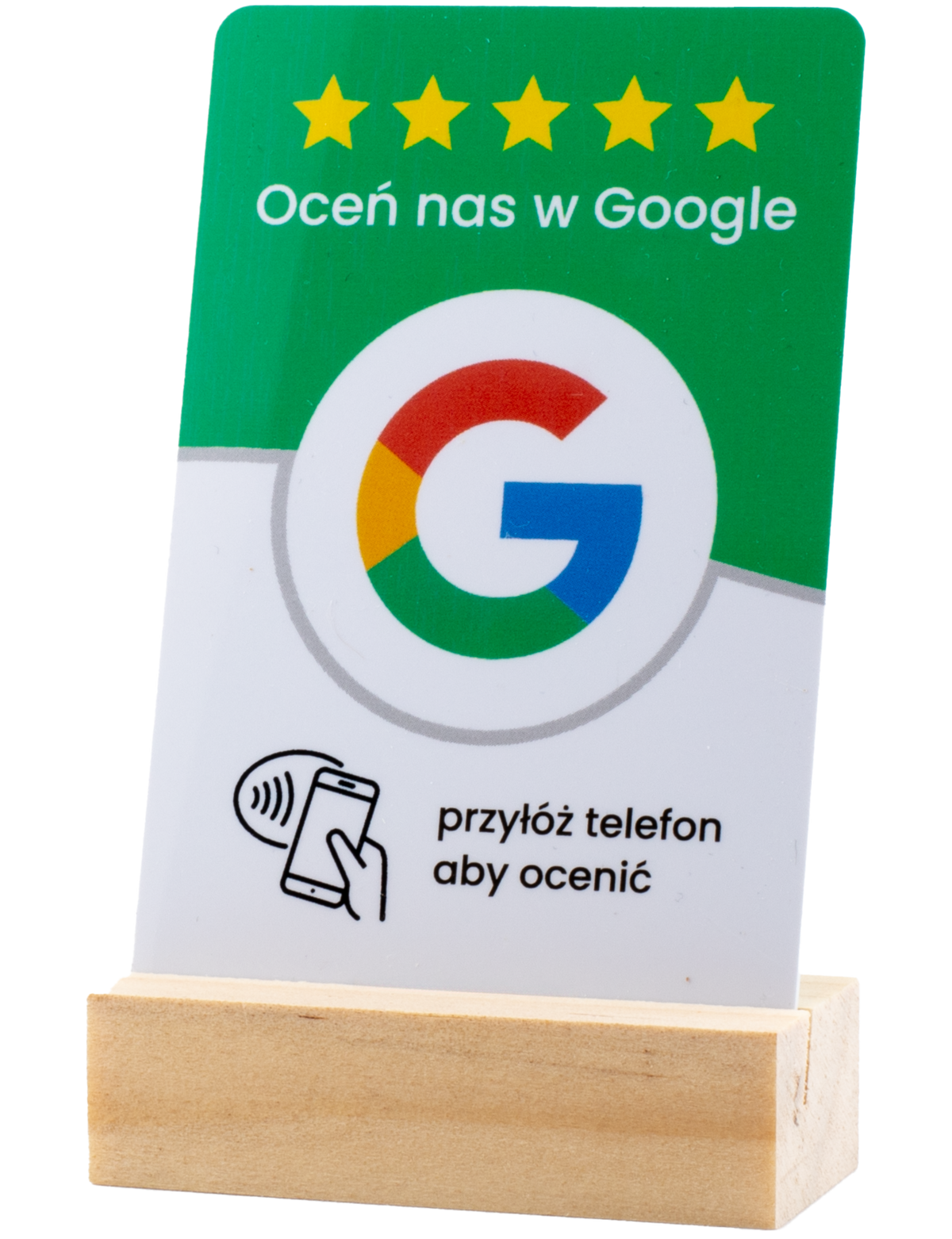 Pochylony stojak do opinii Google – zielona karta NFC + QR