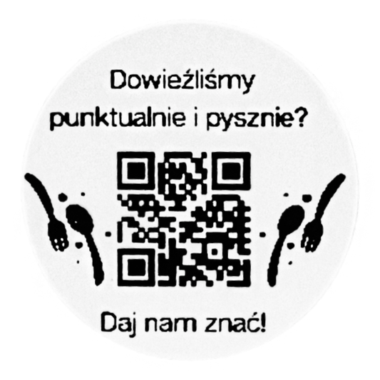 Mała naklejka kod QR na pudełku umożliwia szybkie zostawienie opinii o kurierze i temperaturze jedzenia.