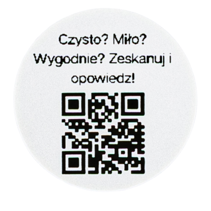 Naklejka QR opinie Google „Czysto? Miło? Wygodnie? Zeskanuj i opowiedz!” hotel pensjonat 3cm zestaw 468szt