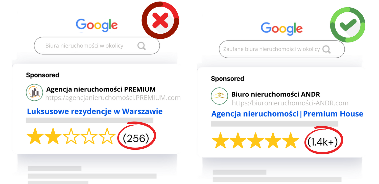 Widok zestawienia agencji nieruchomości w wyszukiwarce Google