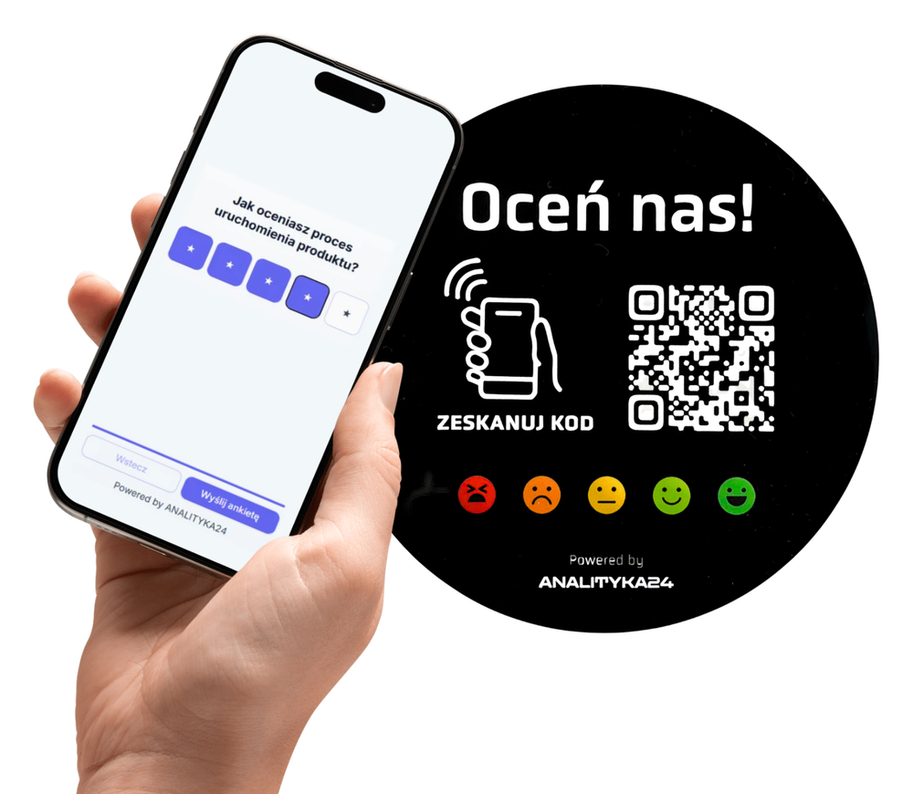Telefon z ankietą i krążek NFC z kodem QR do oceny