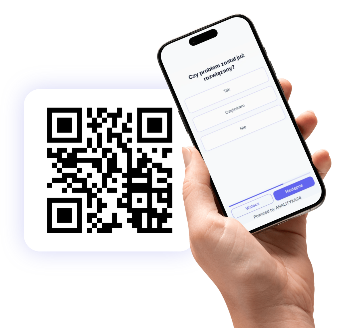 Dłoń z telefonem i kod QR do ankiety