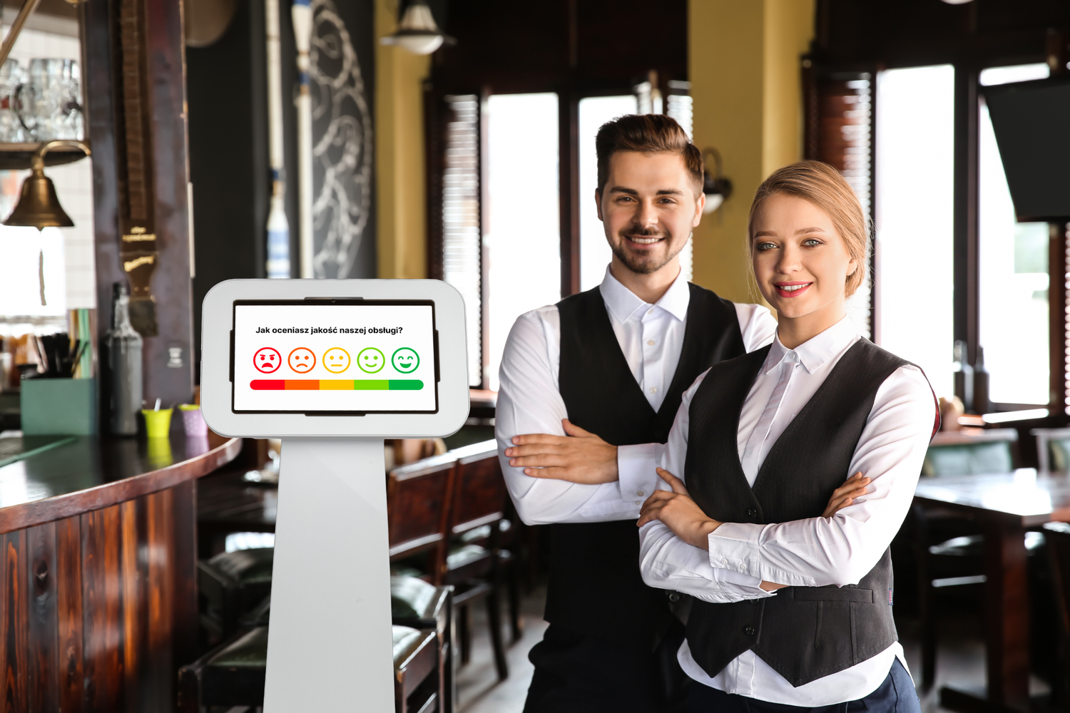 zadowolemi pracownicy z kioskiem do badania satysfakcji klientów