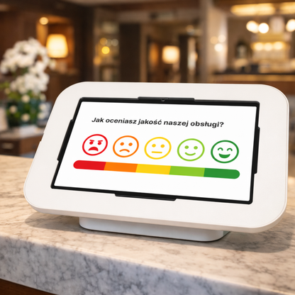 biały kiosk do zbierania feedbacku