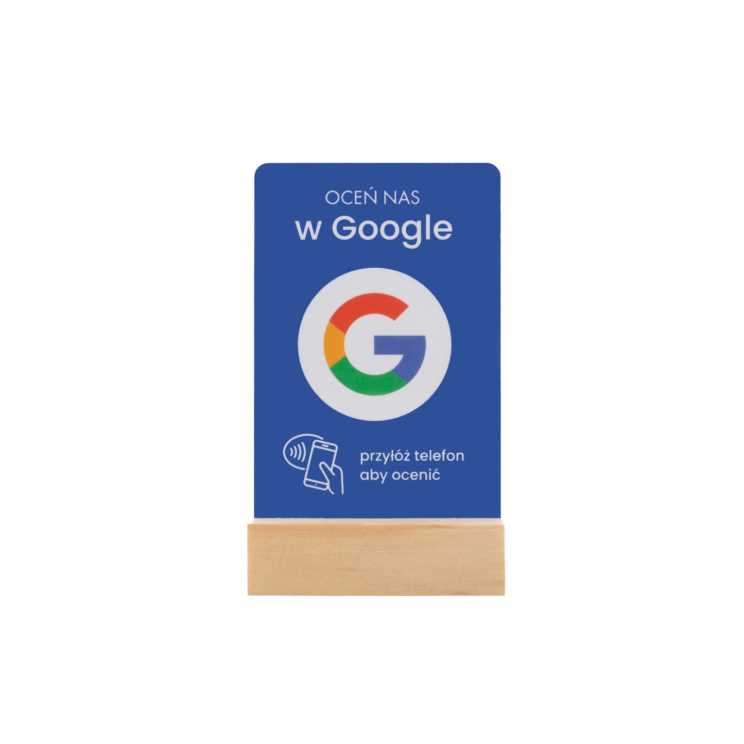 niebieska karta nfc z drewnianym stojaczkiem