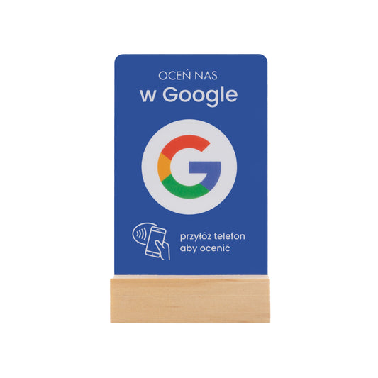 niebieska karta nfc z drewnianym stojaczkiem