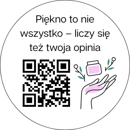 Okrągła naklejka z kodem QR do opinii Google idealna do recepcji salonu piękności.