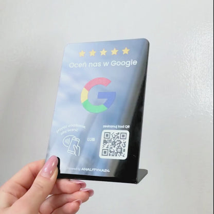 Stojak NFC czarny do opinii Google –  połysk premium, kod QR