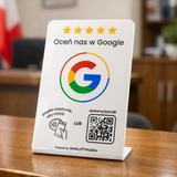 Biały stojak do opinii Google – NFC + QR