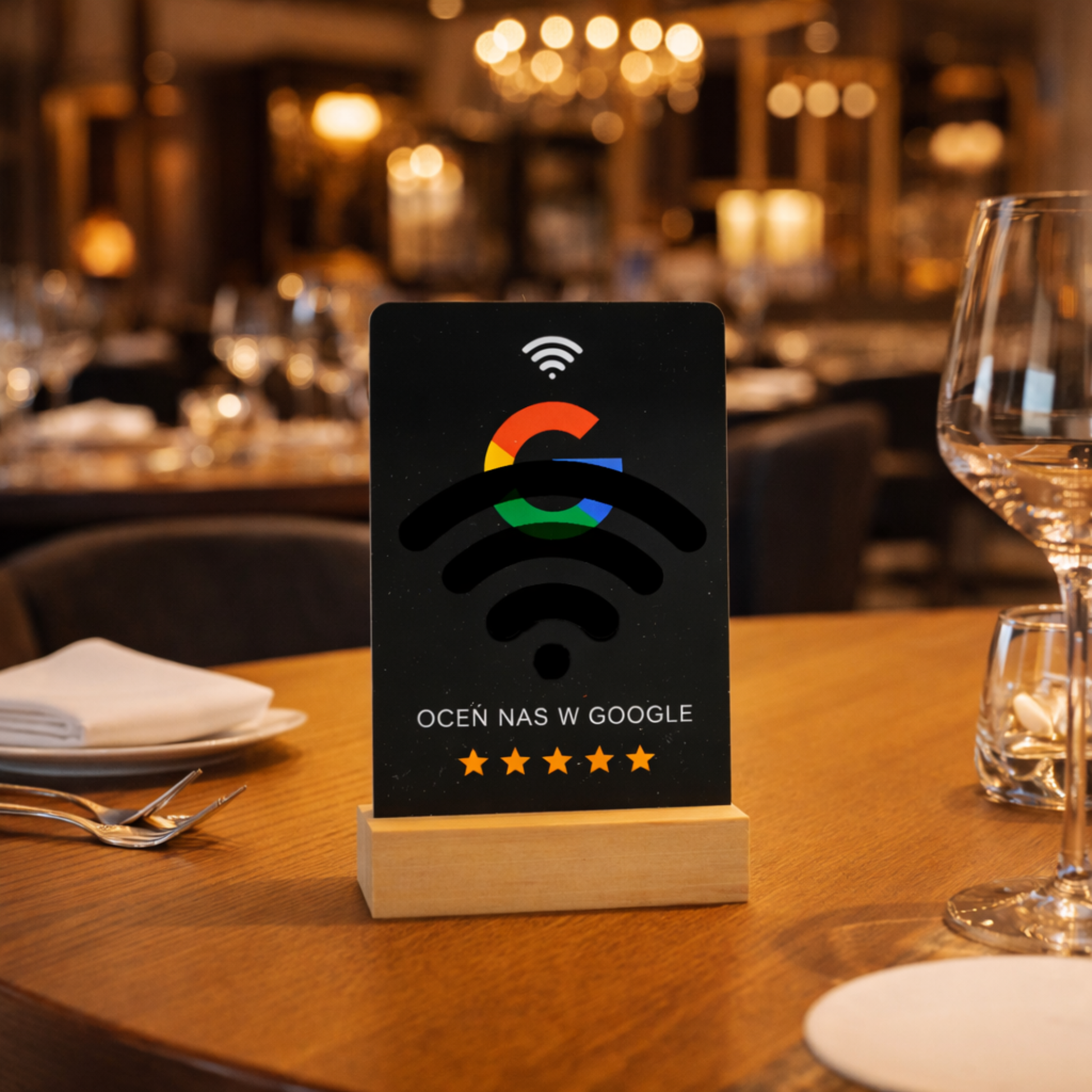 google stojak z czarną kartą w restauracji