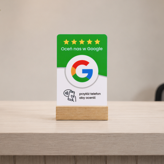 Stojak NFC pionowy – plastikowa karta do opinii Google, kod QR, prezenter