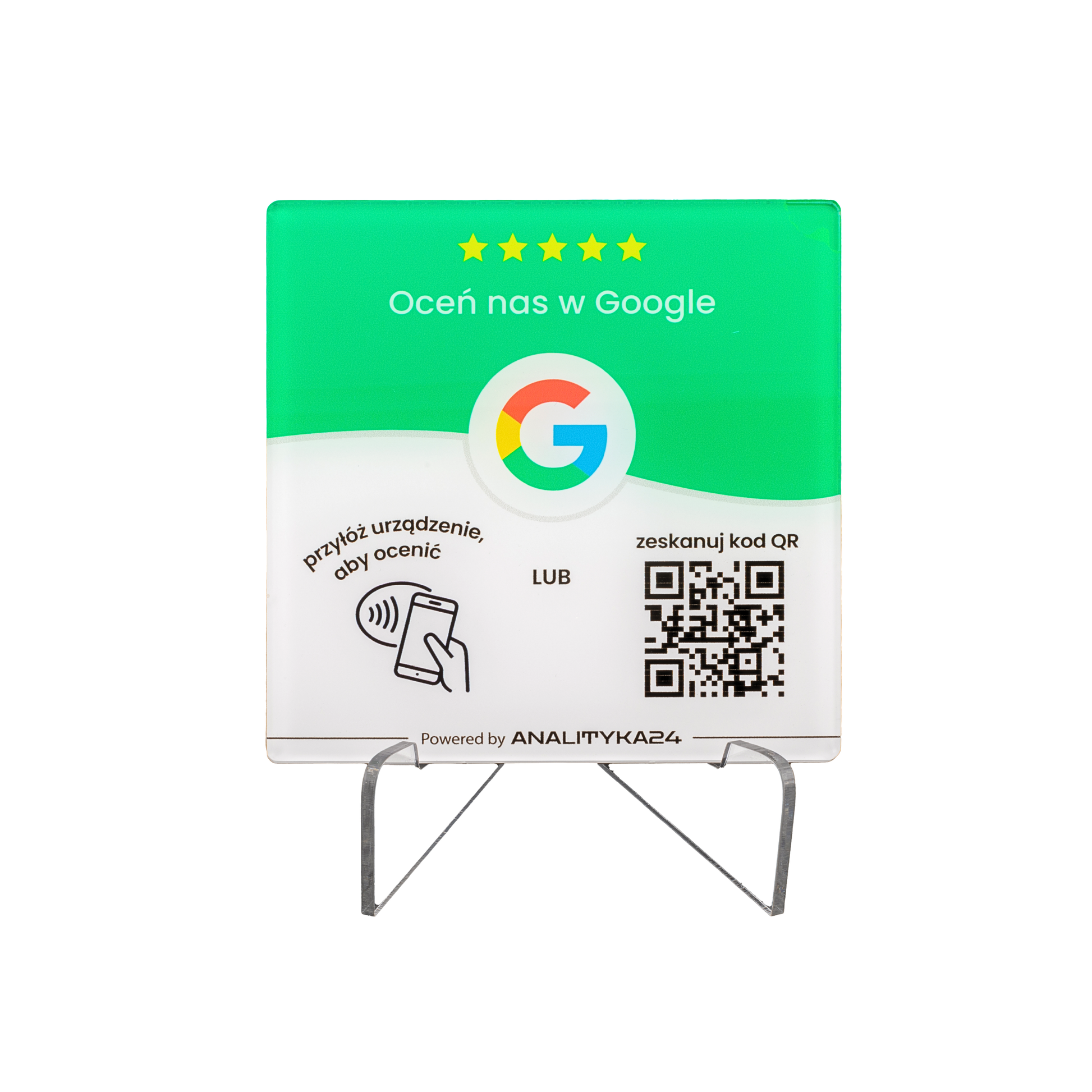 zielona tabliczka nfc z stojakiem z plexi