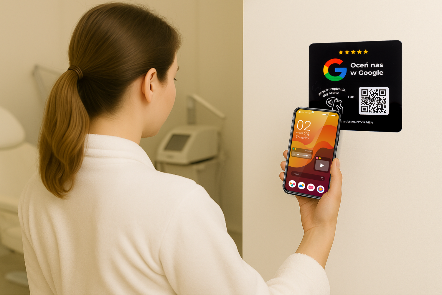 Czarna, błyszcząca tabliczka ścienna z NFC i kodem QR; klient przykłada smartfon, aby szybko wystawić opinię Google — więcej recenzji i lepszy ranking w Google.