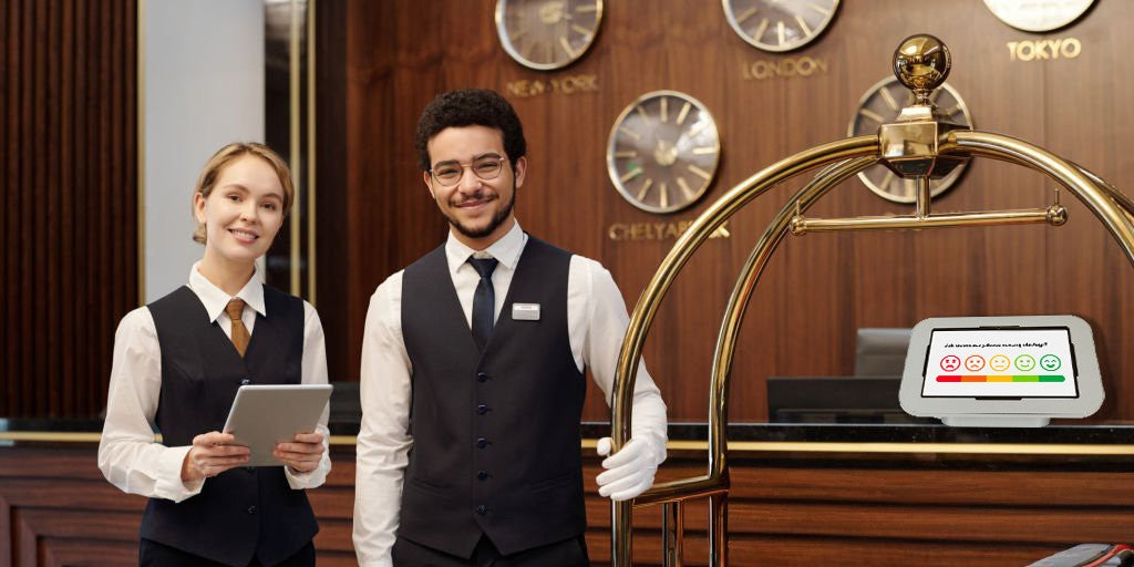 Personel hotelowy stoi przed recepcją, witając klientów