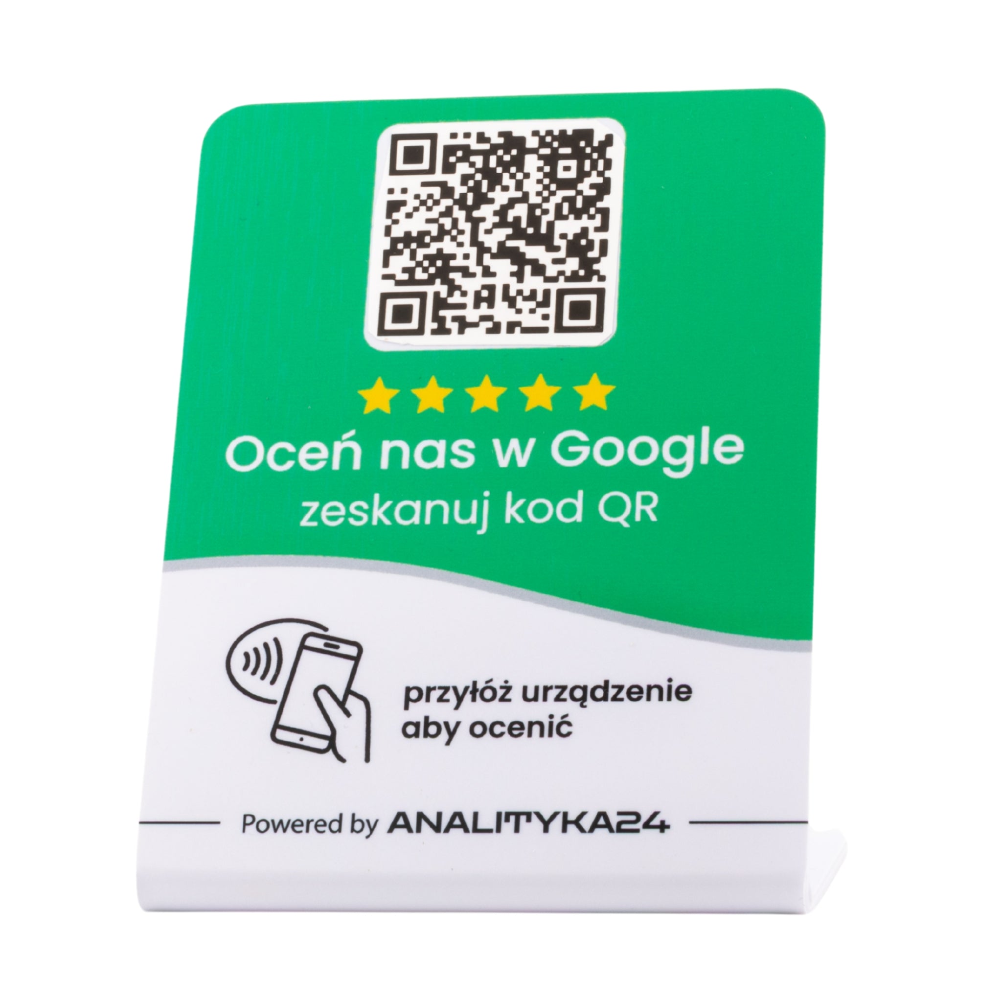 Wytrzymały stojak NFC z kodem QR umożliwia klientom szybkie pozostawienie recenzji Google przy terminalu płatniczym.